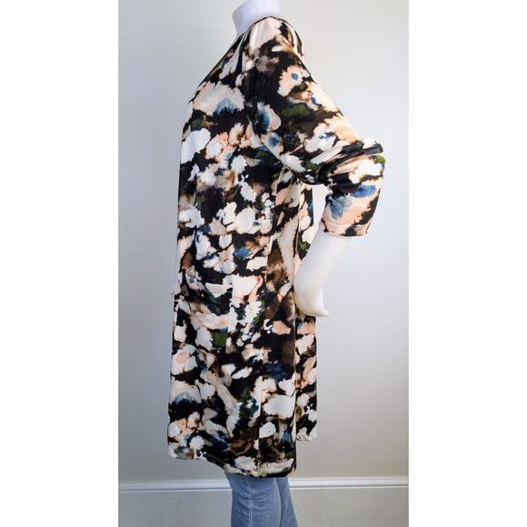 Nina Leonard Duster Cardigan XL Black Cream Bold Floral Print Open Front Pockets - Picture 5 of 11